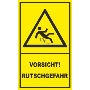 Gelbes Warnschild "Vorsicht Rutschgefahr" mit Symbol, 25x15 cm, für Innen- und Außenbereich.