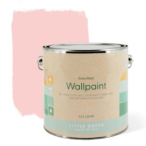 Little Dutch Wandfarbe Faded Pink, 2,5l Dose. Rosa Farbfleck im Hintergrund.