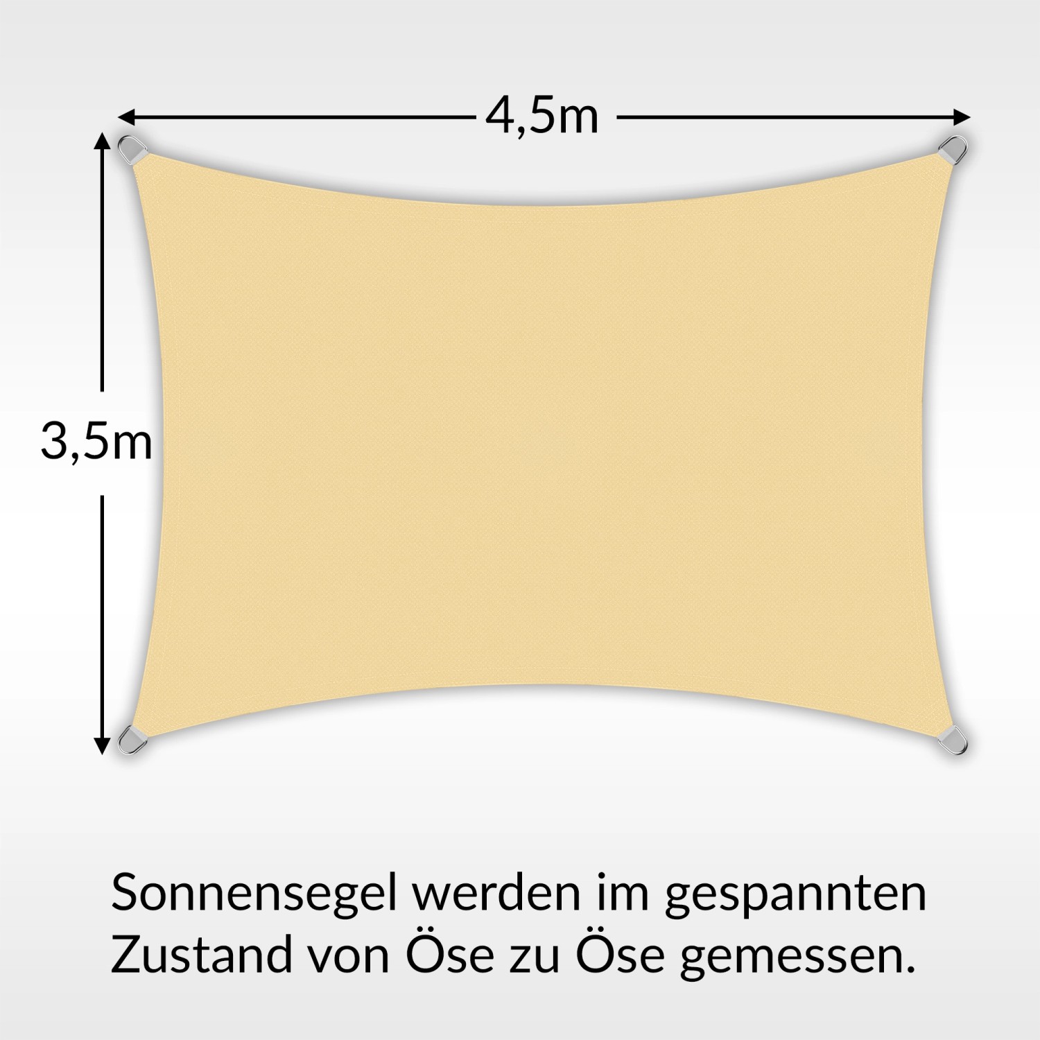 Sandfarbenes Toldoro Sonnensegel, rechteckig, 4,5x3,5m, aus HDPE-Gewebe mit UV-Schutz.