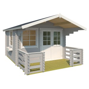 Lasita Holz-Gartenhaus Lola 2, lichtgrau lasiert, mit Satteldach, Doppeltür und überdachter Veranda.