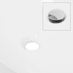 Weißes ECD Germany Design Aufsatzwaschbecken aus Keramik, Detailaufnahme Ablauf und Abdeckung.