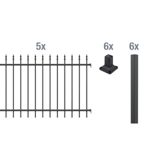 Metallzaun Grund-Set Chaussee Schwarz zum Aufschrauben, bestehend aus Zaunfeldern, Pfosten und Pfostenträgern.
