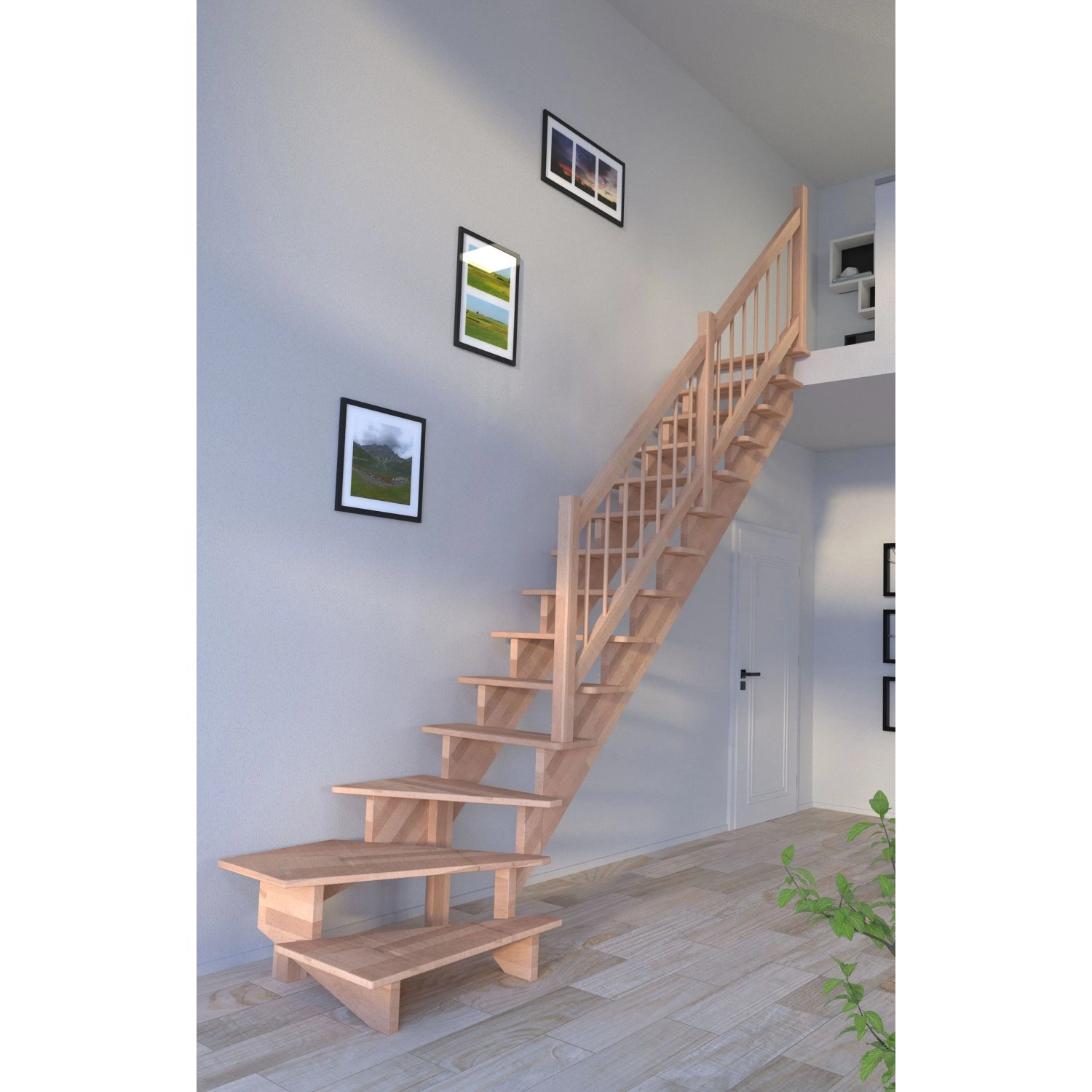 Rechts gewendelte Treppe Lindos aus Buche mit Holz-Design-Geländer, unbehandelt.
