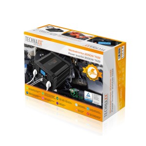Technaxx Wechselrichter 2000W Sinus TE22 in Produktverpackung. Autoelektrik für mobile Stromversorgung.