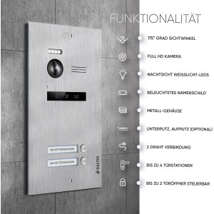 Balter EVO Video-Türsprechanlage für 2 Familien, silber-weiß, mit 2 Monitoren und Full HD Kamera.