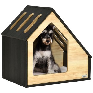 Pawhut Hundehütte mit Schrägdach, Kissen und Hund im Inneren.