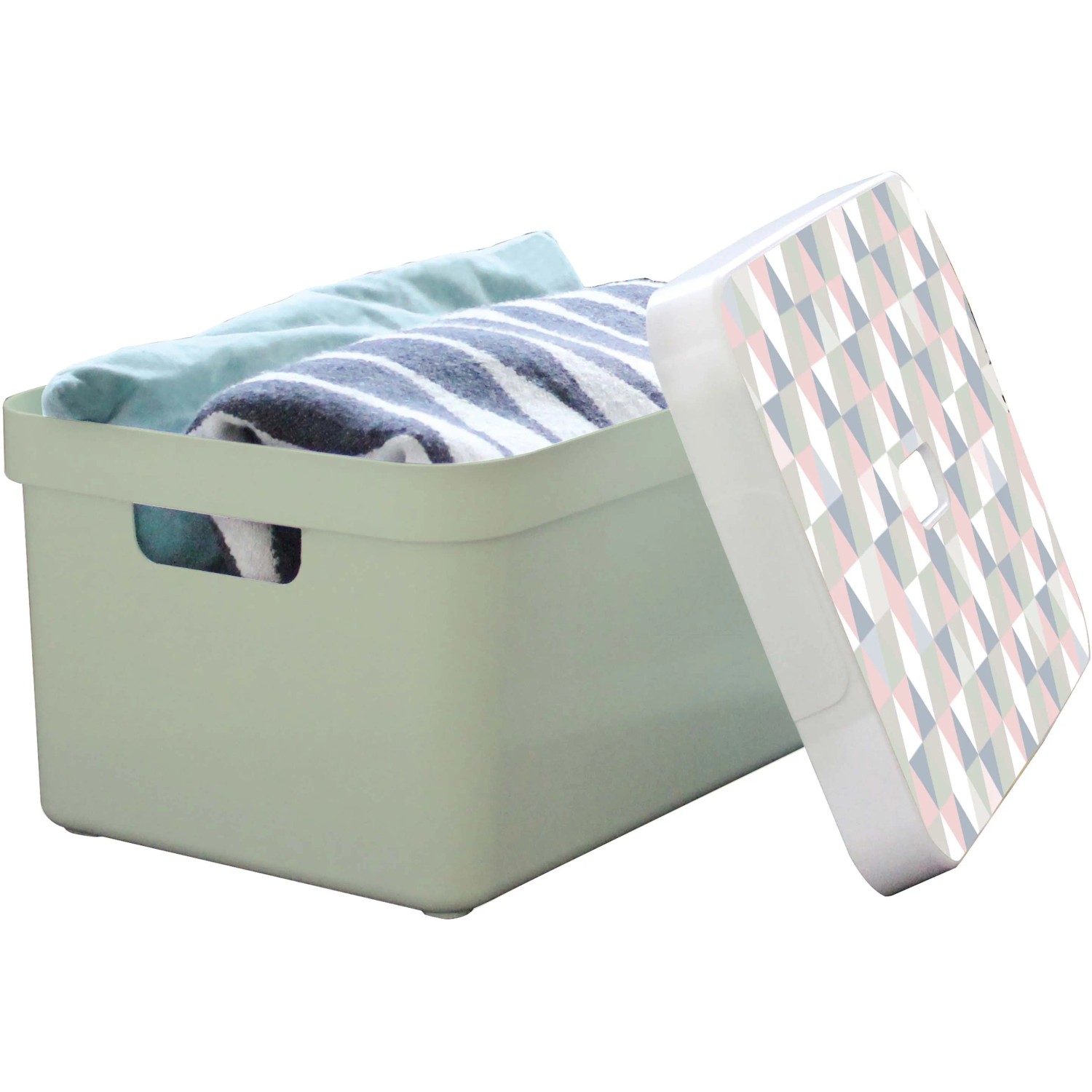 Hellgrüne Sunware Aufbewahrungsbox Sigma Home (32 l) mit Wäsche und separatem Deckel.