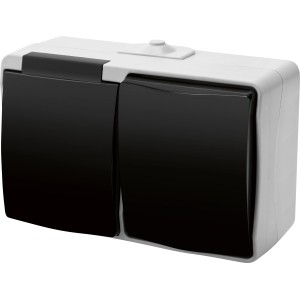 Aufputz Feuchtraum Schalter und Steckdose in Grau-Schwarz aus Kunststoff.