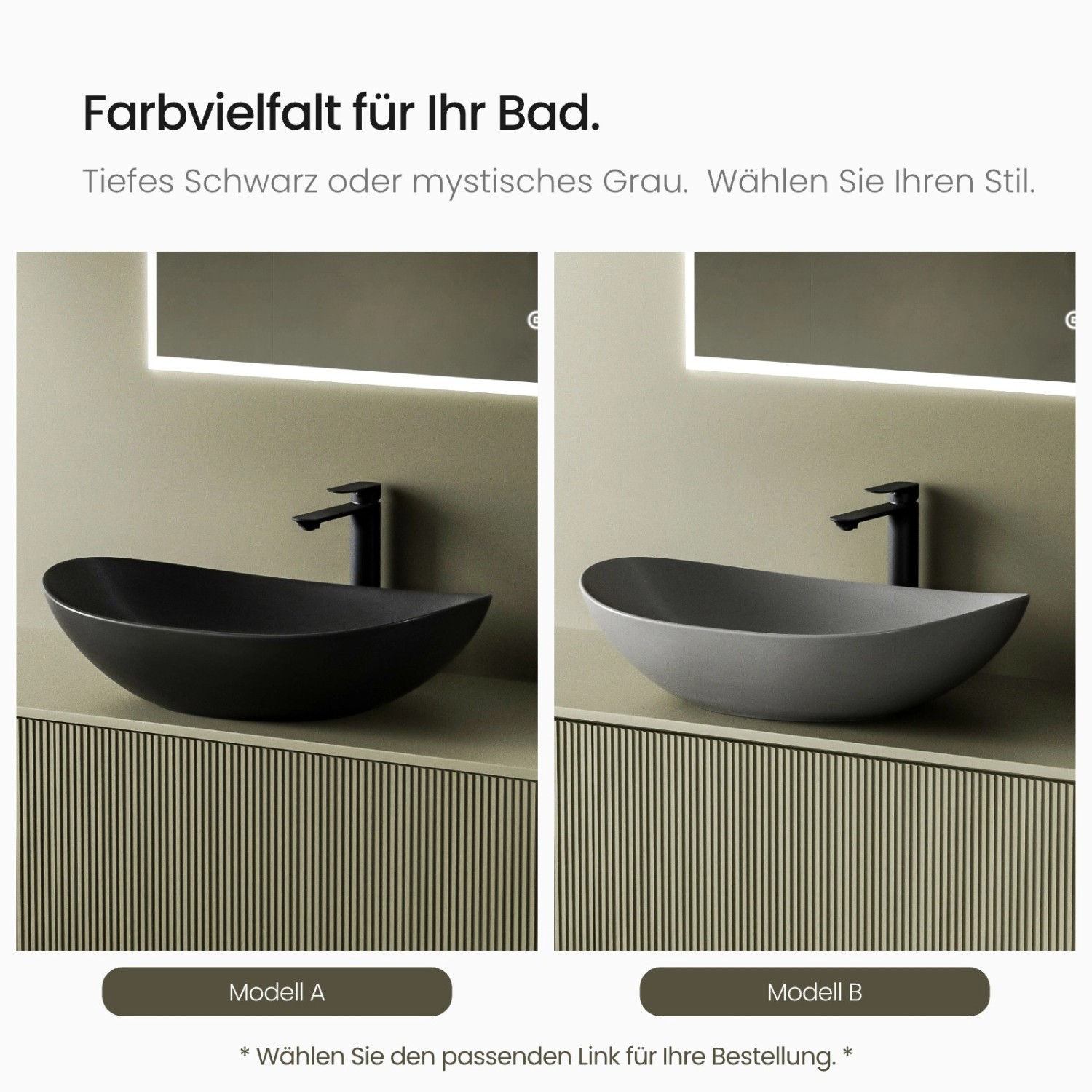 Emke Aufsatzwaschbecken, ovale Form, in Mattgrau und Schwarz. Keramikwaschbecken für Badezimmer.