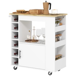 Küchenwagen Eiche mit Arbeitsplatte, Weinregal, Schrank und Rollen. Ideal für Küche und Esszimmer.