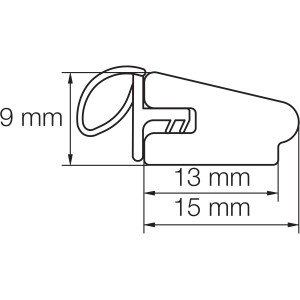 Profil der Tür- und Fensterleiste (16x9mm) mit Dichtung, Maße in mm.