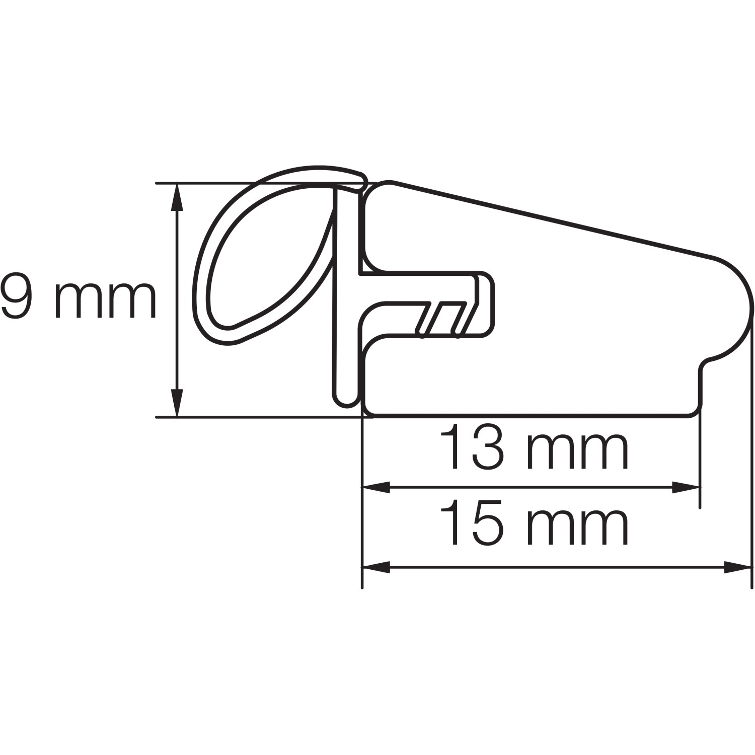 Profil der Tür- und Fensterleiste (16x9mm) mit Dichtung, Maße in mm.