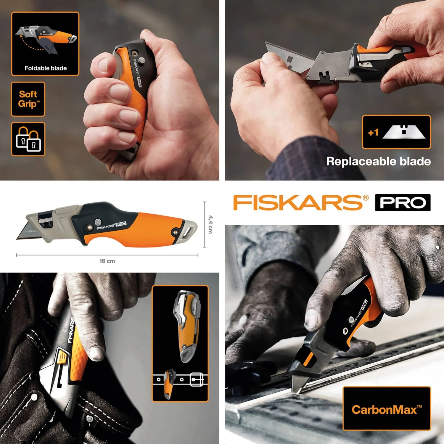 Fiskars Universal-Klappmesser CarbonMax: Messer mit CarbonMax Klinge, Metallkörper und Klingenmagazin.