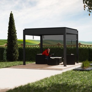 Anthrazitfarbene Juskys Pergola Lamellendach Tahiti 3x3m mit sitzender Person im Garten.