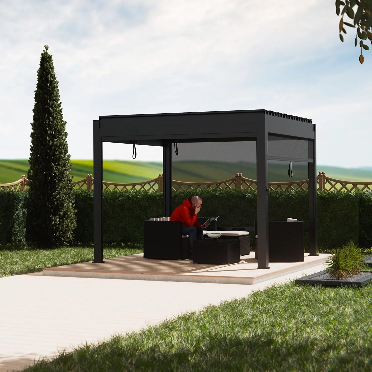 Anthrazitfarbene Juskys Pergola Lamellendach Tahiti 3x3m mit sitzender Person im Garten.