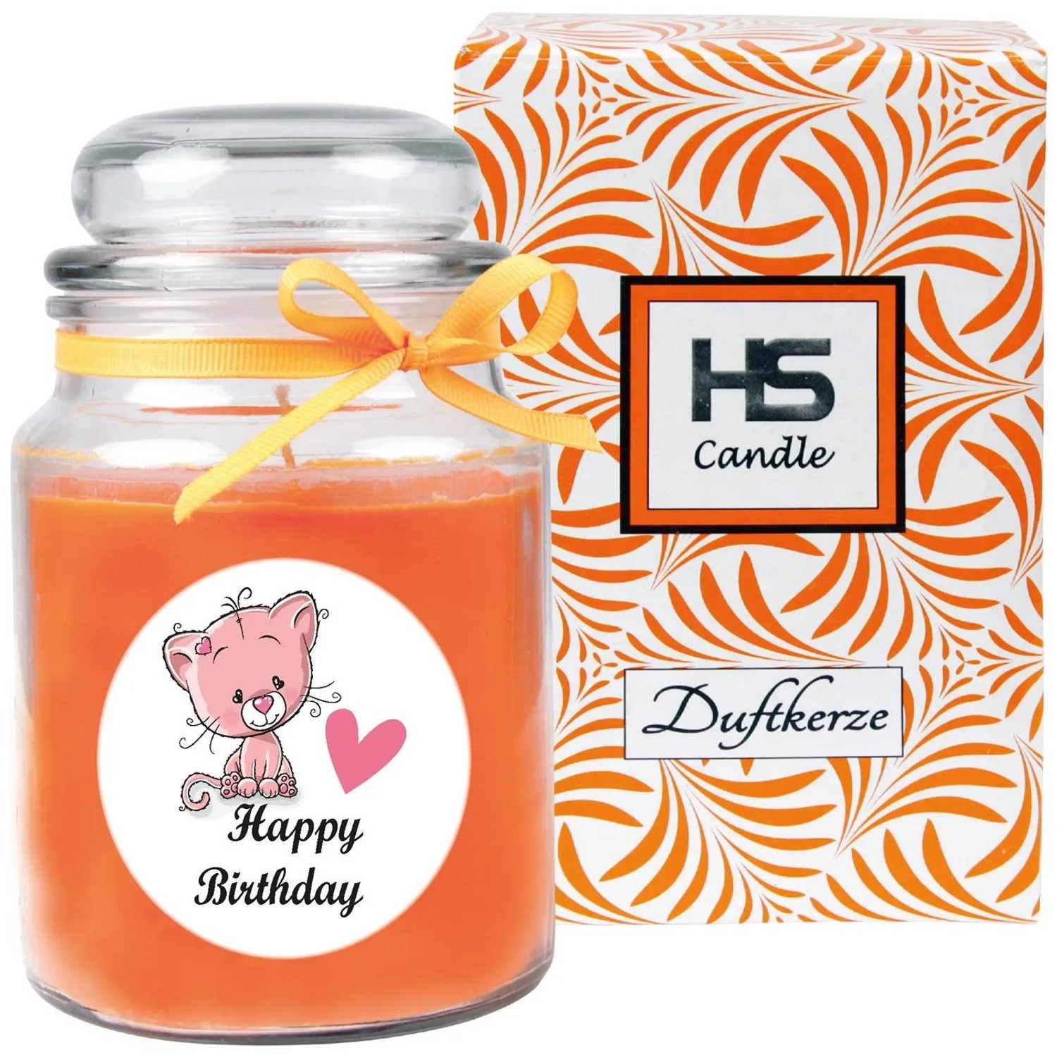 Orangefarbene Duftkerze im Glas mit "Happy Birthday" Katze und Geschenkbox.