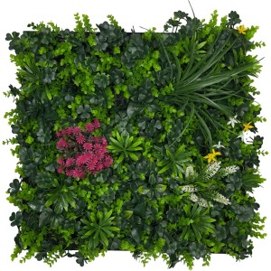 Jangal Wandpaneel Modular Wall Botanic Garden, 52x52 cm, mit dichtem Grün, roten, gelben und weißen Kunstblüten.