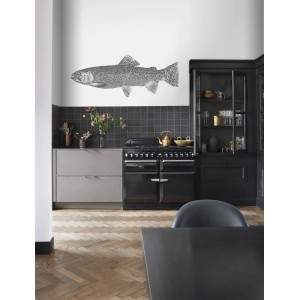 ESTAhome Fototapete Fisch in Schwarz-Weiß (1x2,5m) im Küchenambiente.