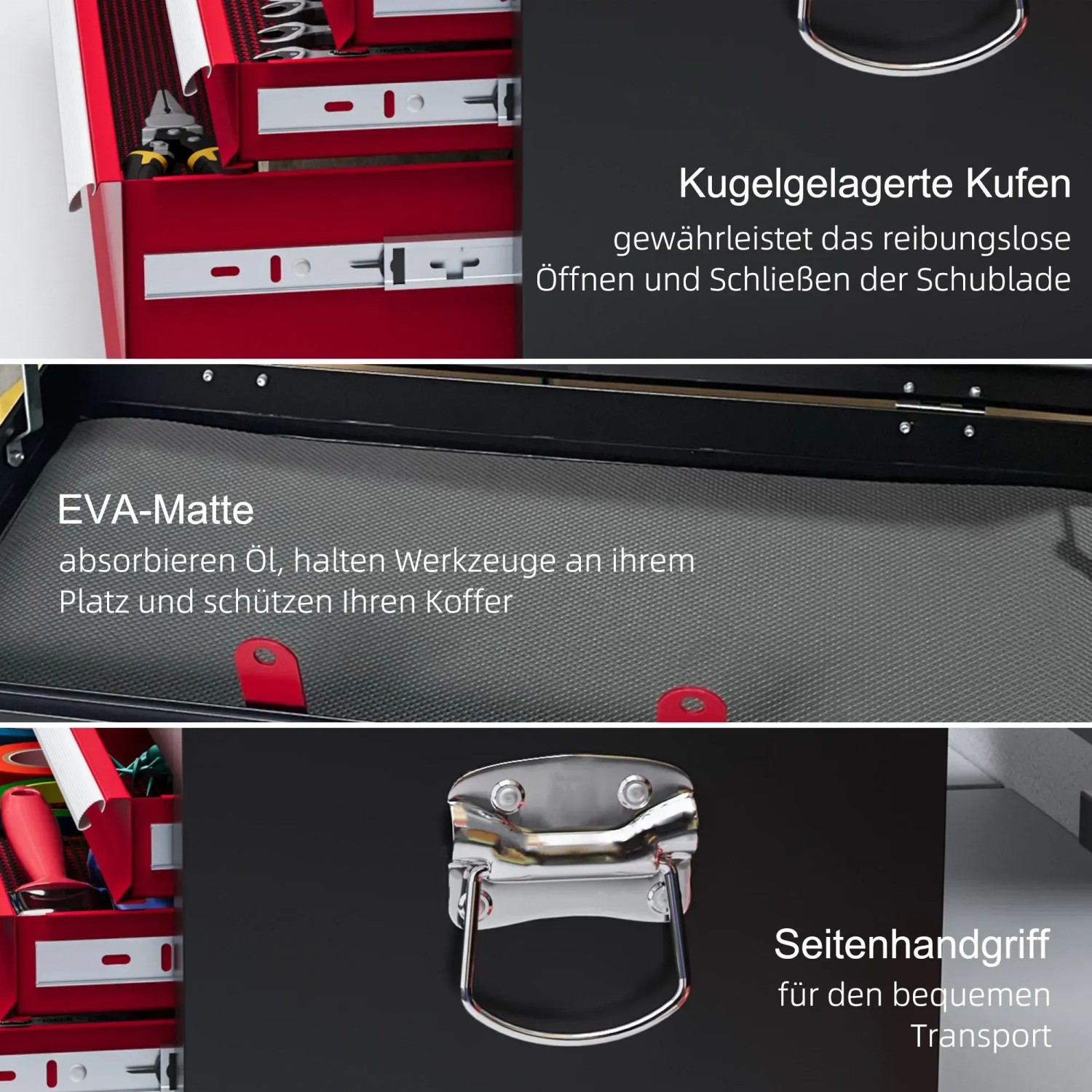Detailansicht HOMCOM Werkzeugkasten: Schubladen, EVA-Matte, Seitengriff für Transport.