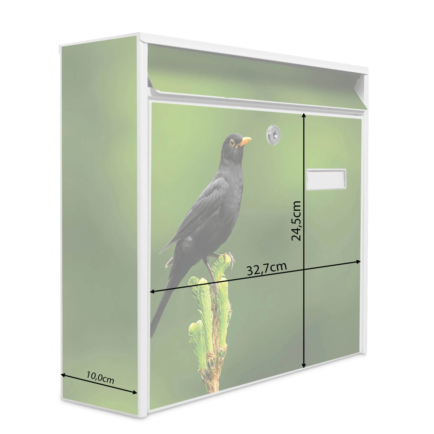 Weißer Banjado Briefkasten mit Vogelmotiv, inkl. Montagematerial und Schlüsseln. Ideal für A4 Sendungen.