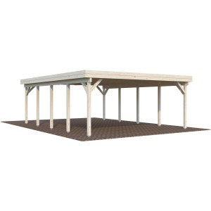 Palmako Doppelcarport Karl aus Fichte Natur, 600x762 cm, mit Flachdach und stabilen Holzpfosten.