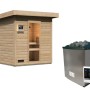 CHILLROI Saunahaus Kaapi aus naturbelassenem Massivholz mit Pultdach, Glastür, Ofen und externer Steuerung.