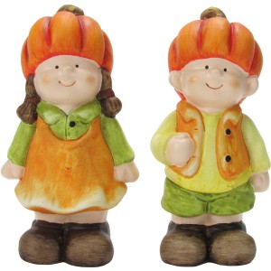 Dekorative Herbstfiguren, bunt, 2-fach sortiert, 12cm hoch. Keramikfiguren mit Kürbismützen für die Herbstdeko.