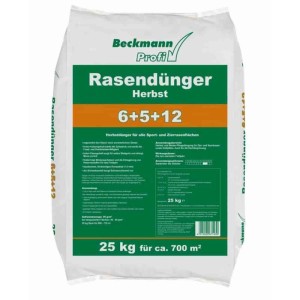 Beckmann&Brehm Rasendünger Herbst 25 kg NPK 6+5+12. Weißer Sack Feingranulat für 700 m² Rasen, stärkt Wurzeln.