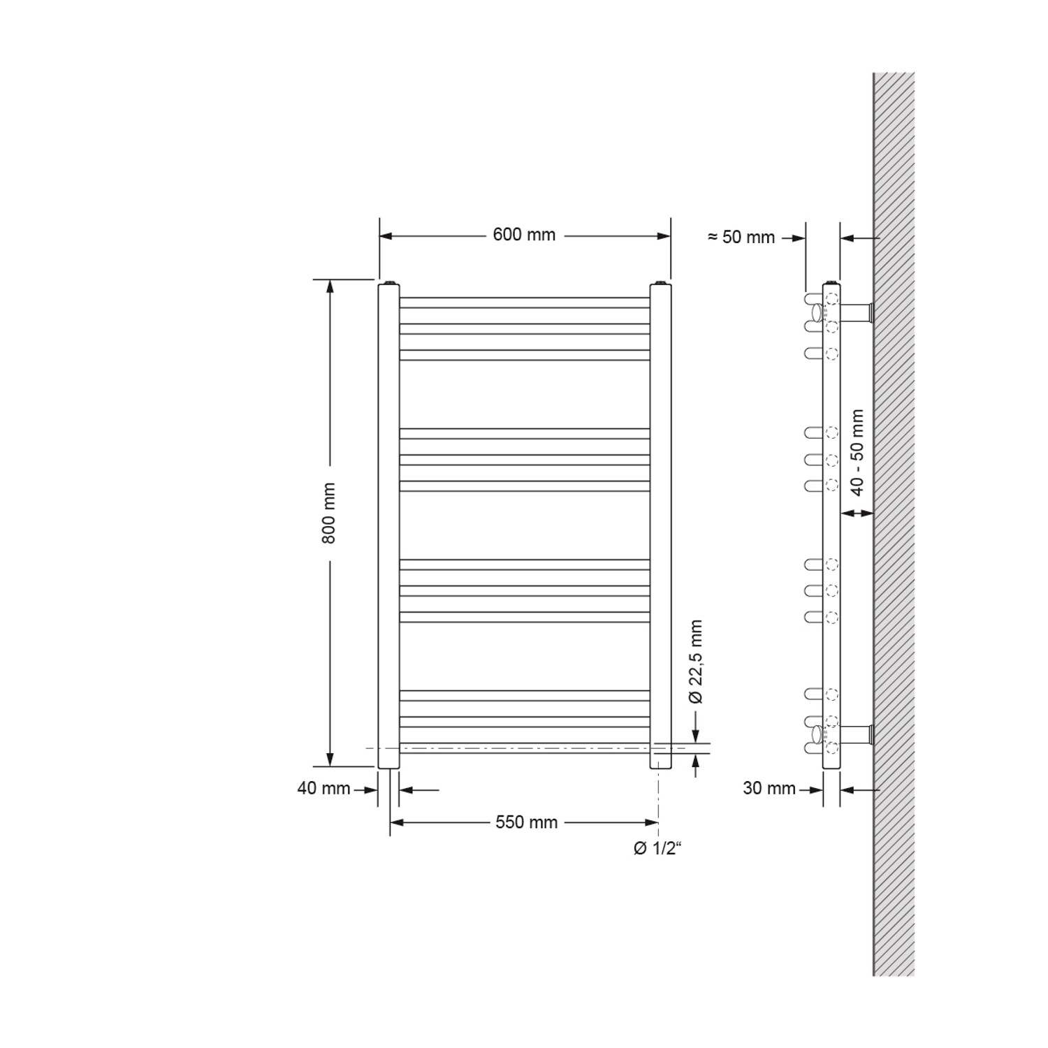 Technische Zeichnung: LuxeBath Badheizkörper elektrisch, 600x800mm, mit Maßen.