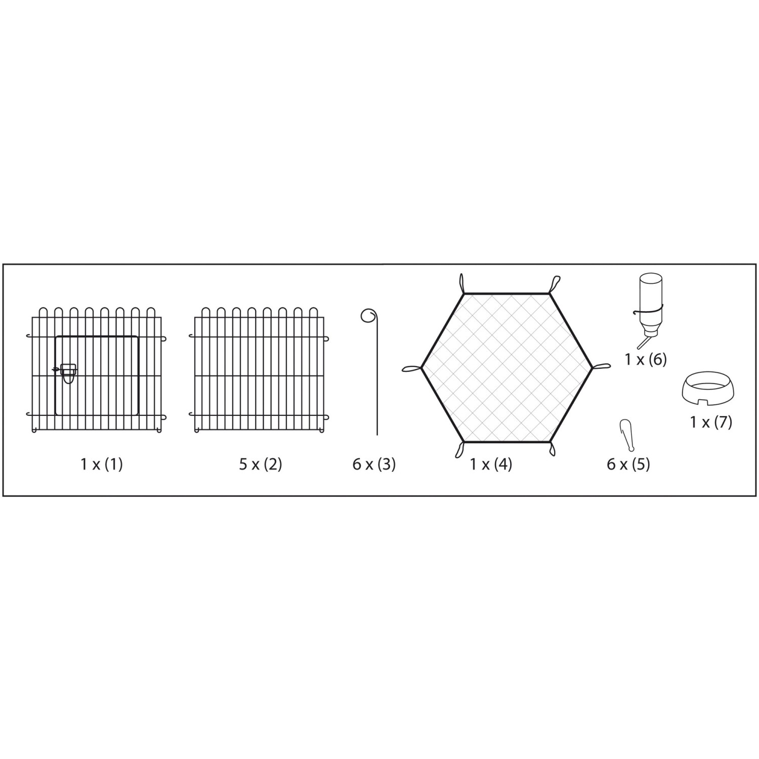 Dobar Freilaufgehege-Set, 6-eckig: Gitter, Netz, Erdanker, Napf und Trinkflasche im Überblick.