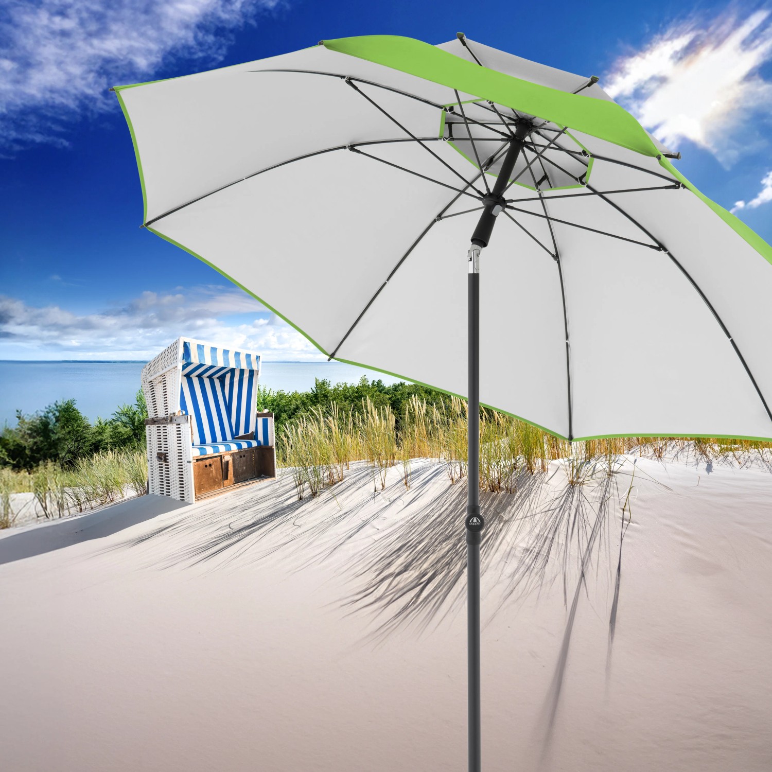 Doppler Windprofi Neo 200, grüner Strandschirm mit Windventil und Neigungsfunktion.