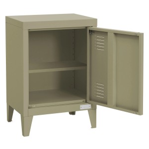 Offener, olivefarbener ML-Design Nachttisch aus Stahl im Industriedesign mit Regalböden.