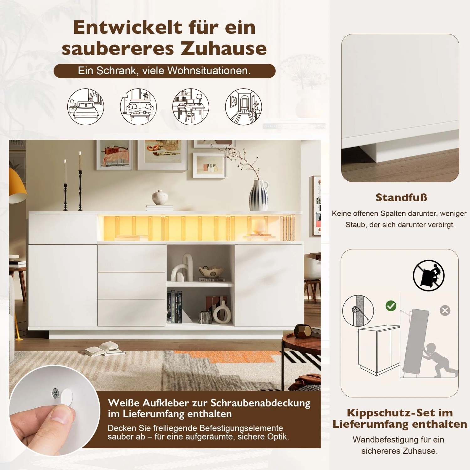 Weißes Merax Sideboard 160 cm mit LED-Beleuchtung, Acrylstützen, 4 Schubladen und 2 Schränken. Moderne Wohnzimmer Kommode.