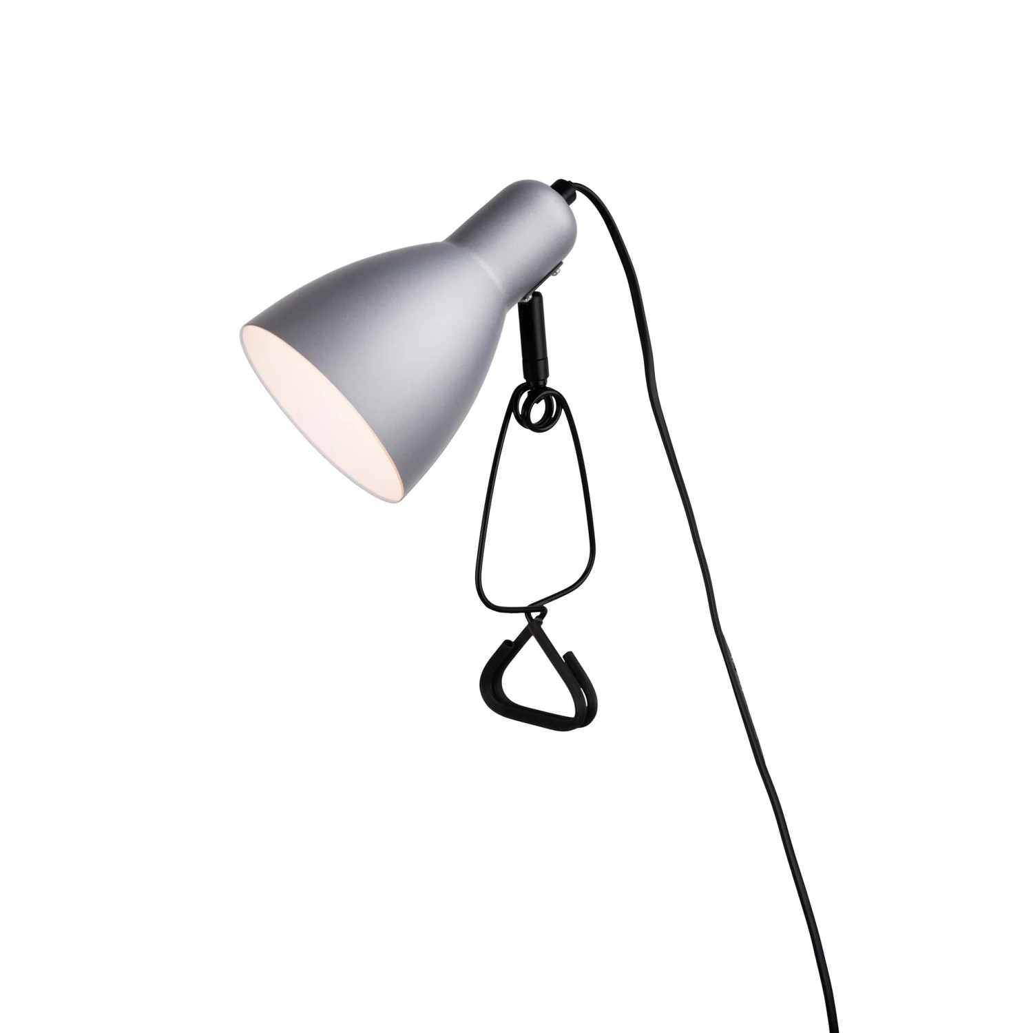 Silberne Näve Klemmleuchte Mara, 28 cm hoch, mit schwarzer Klemme und Kabel.