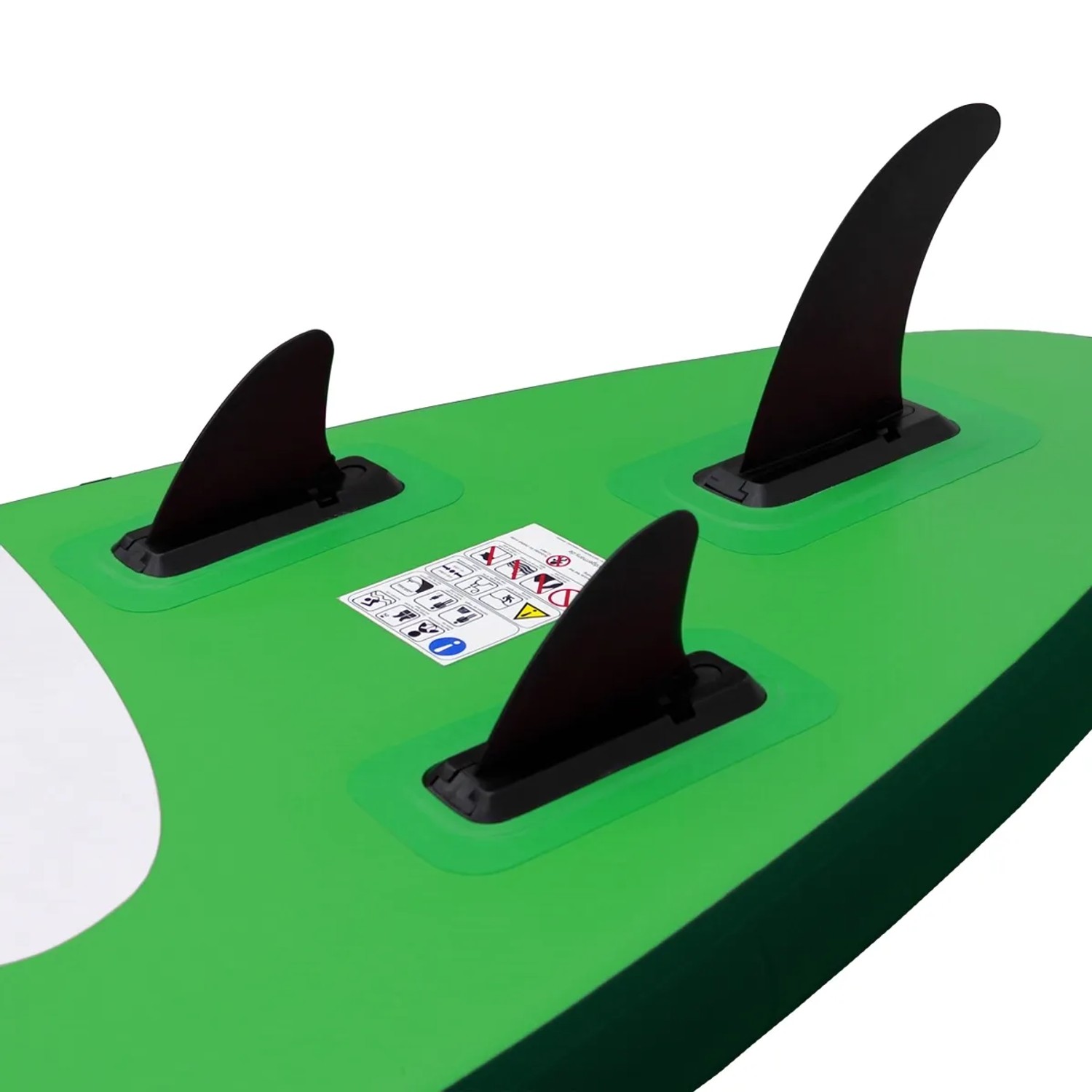 Detailaufnahme des grünen ECD Germany Stand Up Paddle Boards mit drei schwarzen Finnen.