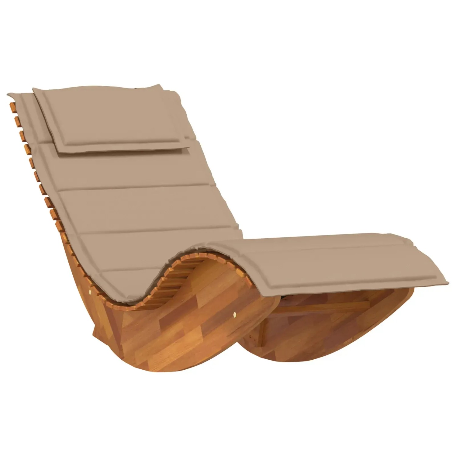 Zwei Wipp-Sonnenliegen aus Akazienholz mit taupefarbenen Kissen für Garten oder Terrasse.