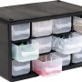 Schwarzer LUX-TOOLS Sortierkasten mit 12 transparenten Schubladen für Kleinteile.