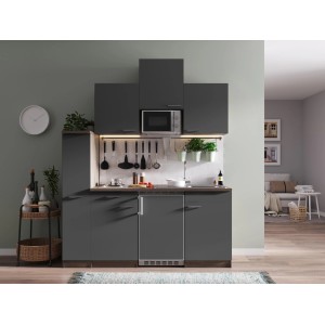 Respekta Küchenzeile KB180EYGMI in Grau-Eiche York Optik mit E-Geräten und Spüle.