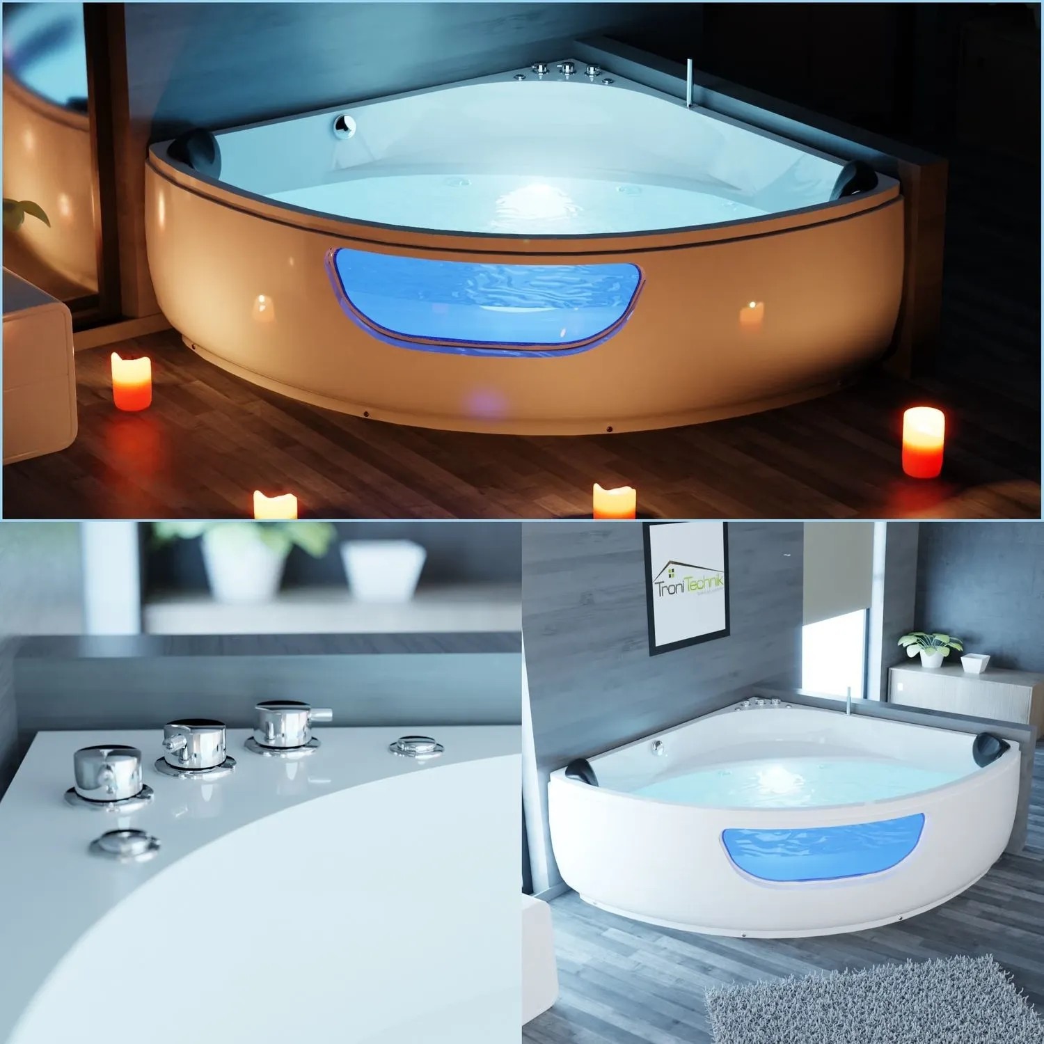 Eck-Whirlpool Paros 135x135 cm mit Acrylwanne, 2 Personen, 12 Düsen und blauer Acrylscheibe.