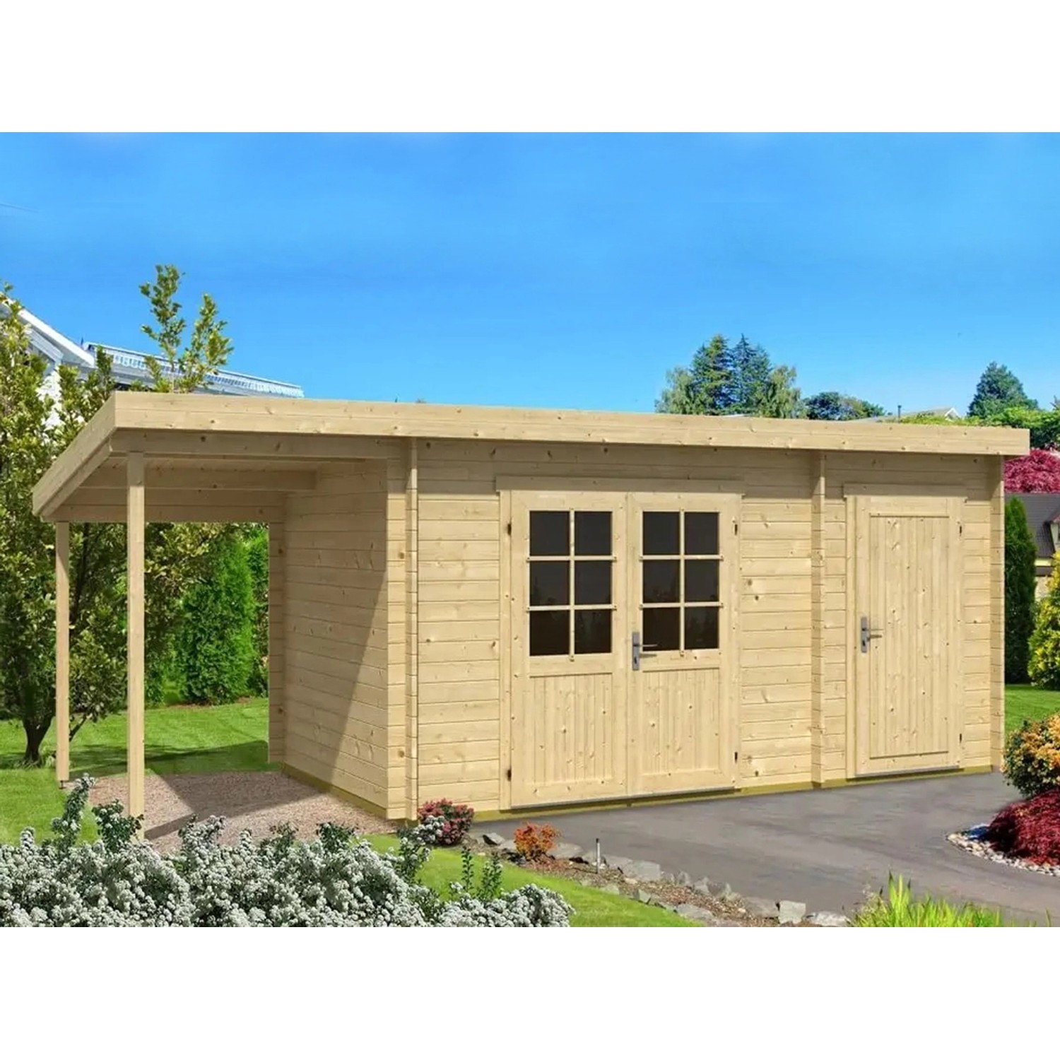Alpholz Gartenhaus/Gerätehaus Maria-40 Natur 450 x 250 cm + 150 cm Schleppdach, imprägniert