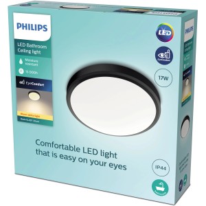 Verpackung der schwarzen Philips LED-Deckenleuchte Doris, 17W, 2700K, IP44, für Badezimmer.