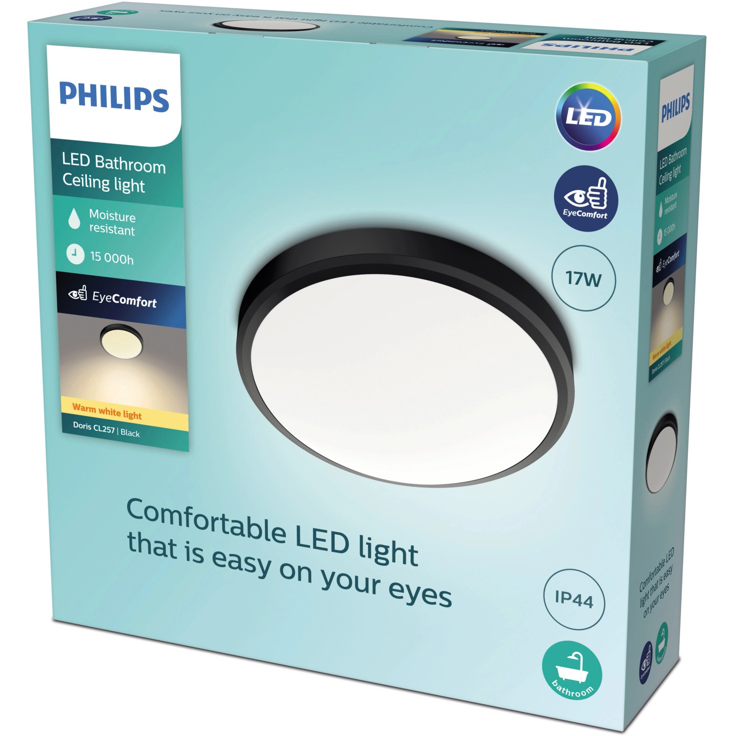 Verpackung der schwarzen Philips LED-Deckenleuchte Doris, 17W, 2700K, IP44, für Badezimmer.