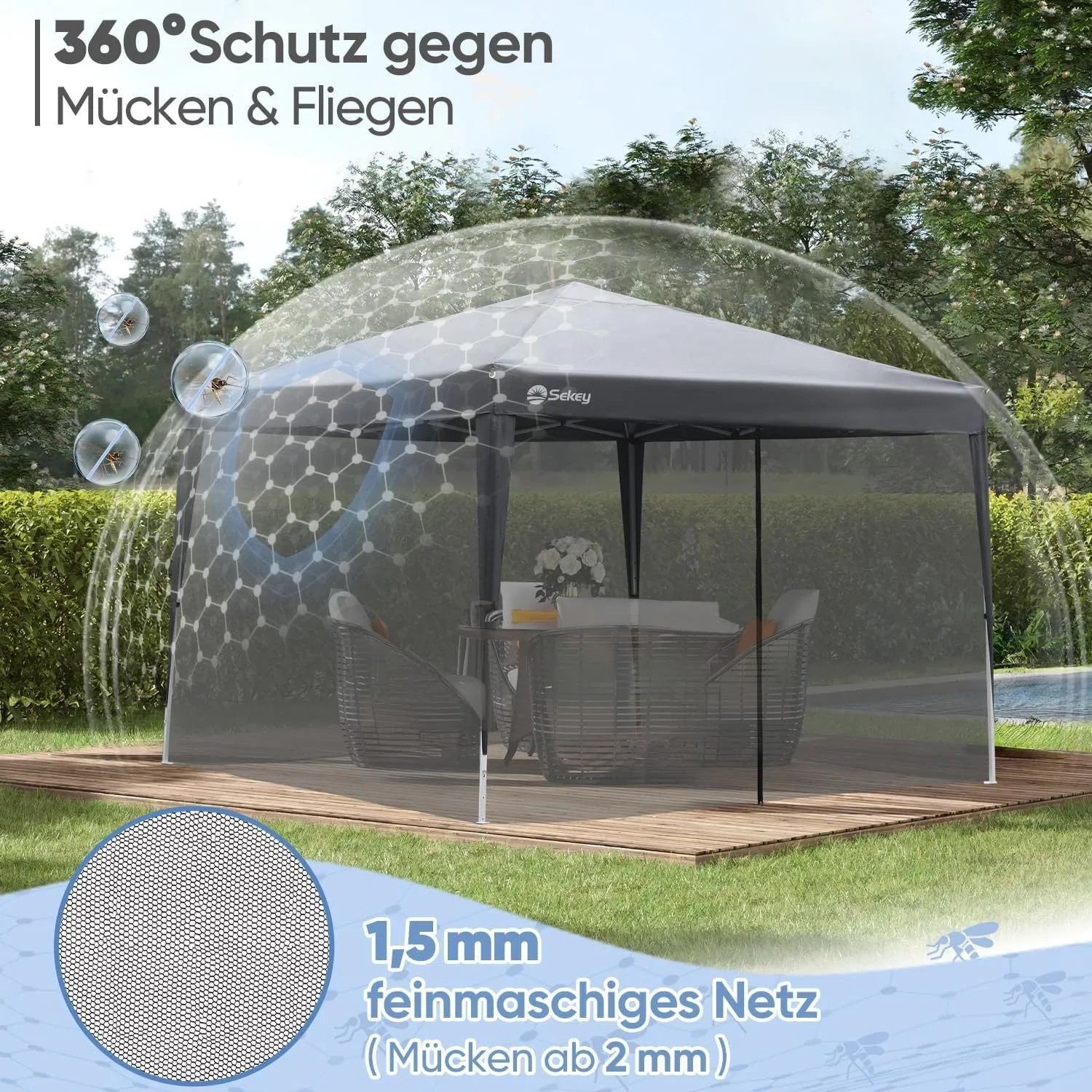 Sekey Moskitonetz Insektenschutz Fliegengitter für Pavillon 3x3m mit Reißverschluss und Klettbänder Schwarz_5