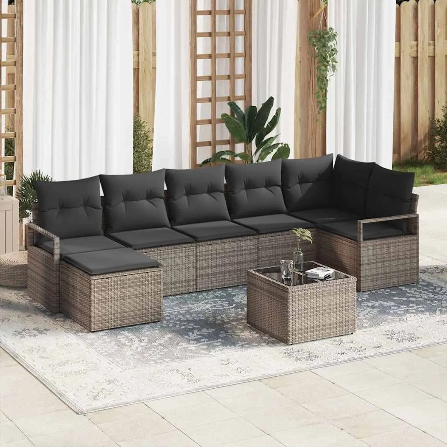 Graues 8-tlg. vidaXL Garten-Sofa-Set aus Poly Rattan mit Tisch und Auflagen.