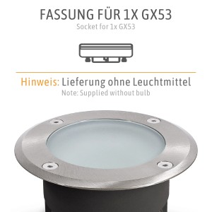 Flacher, silberner Viskos Bodenstrahler (4er Set) für GX53 Leuchtmittel, geeignet für den Außenbereich.