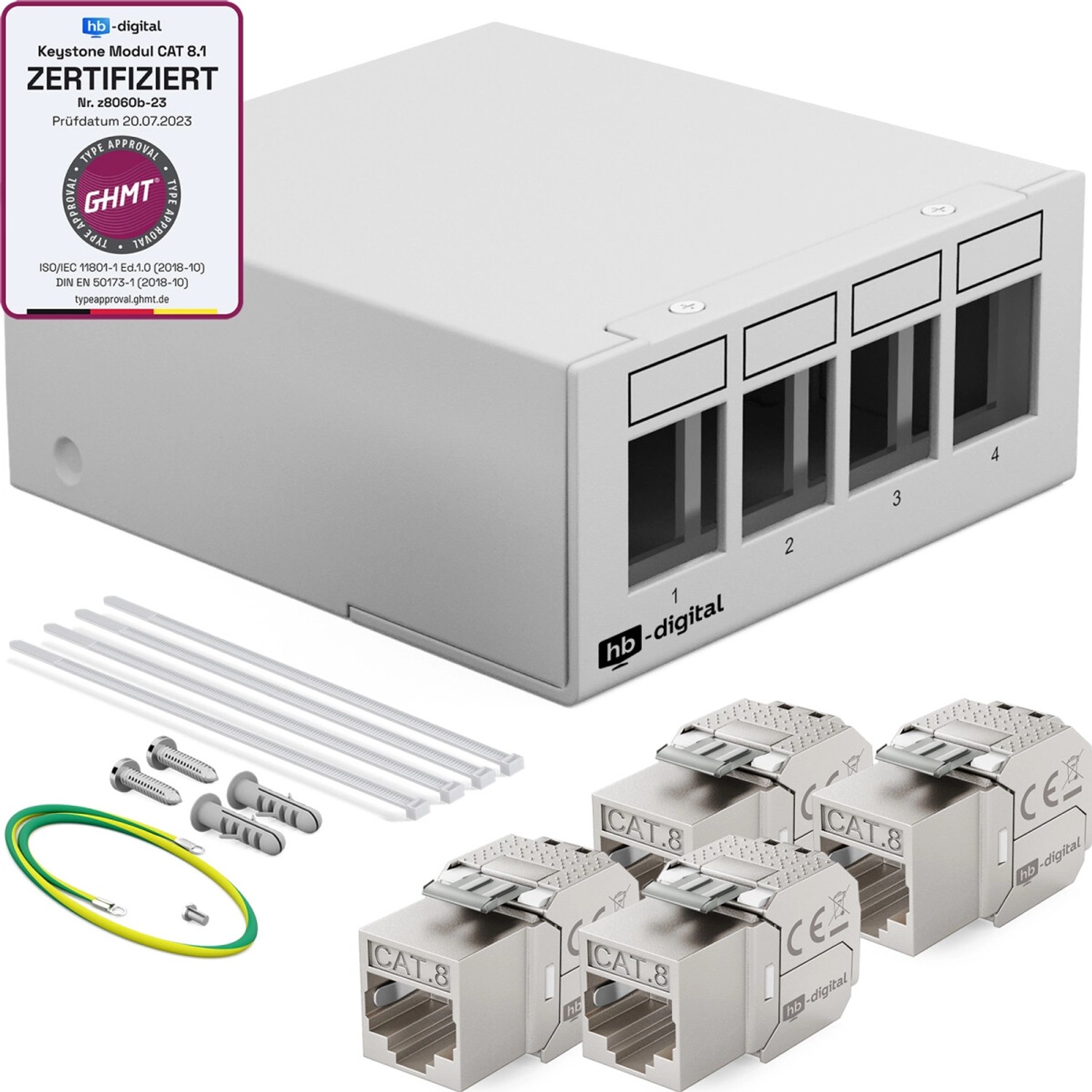 hb-digital Patchfeld 4 Port mit 4x Keystone Module Cat 8 Hellgrau