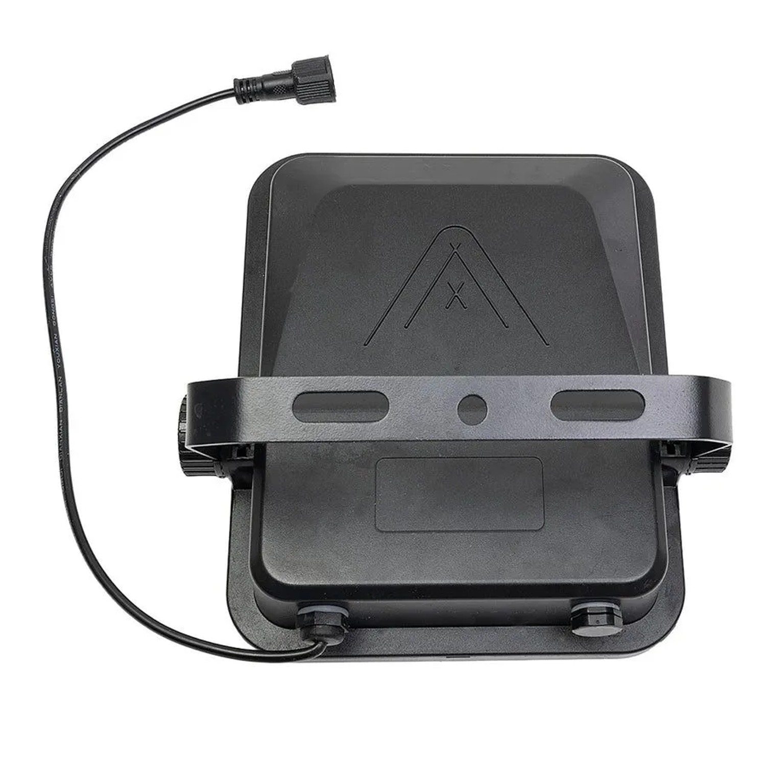 Schwarzer LUXULA LED Solarstrahler, Rückansicht mit Kabel und Halterung.
