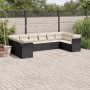 Schwarze 10-tlg. Garten-Sofagarnitur aus Poly Rattan mit cremeweißen Kissen.
