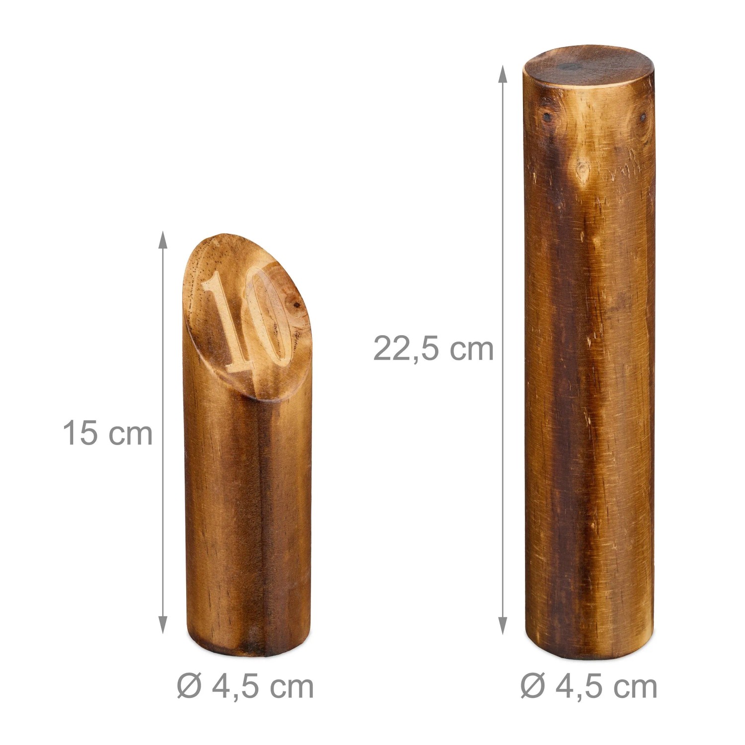 Detailaufnahme: Zwei Hölzer des Relaxdays Kubb Wikingerspiels aus Kiefernholz mit Größenangaben.