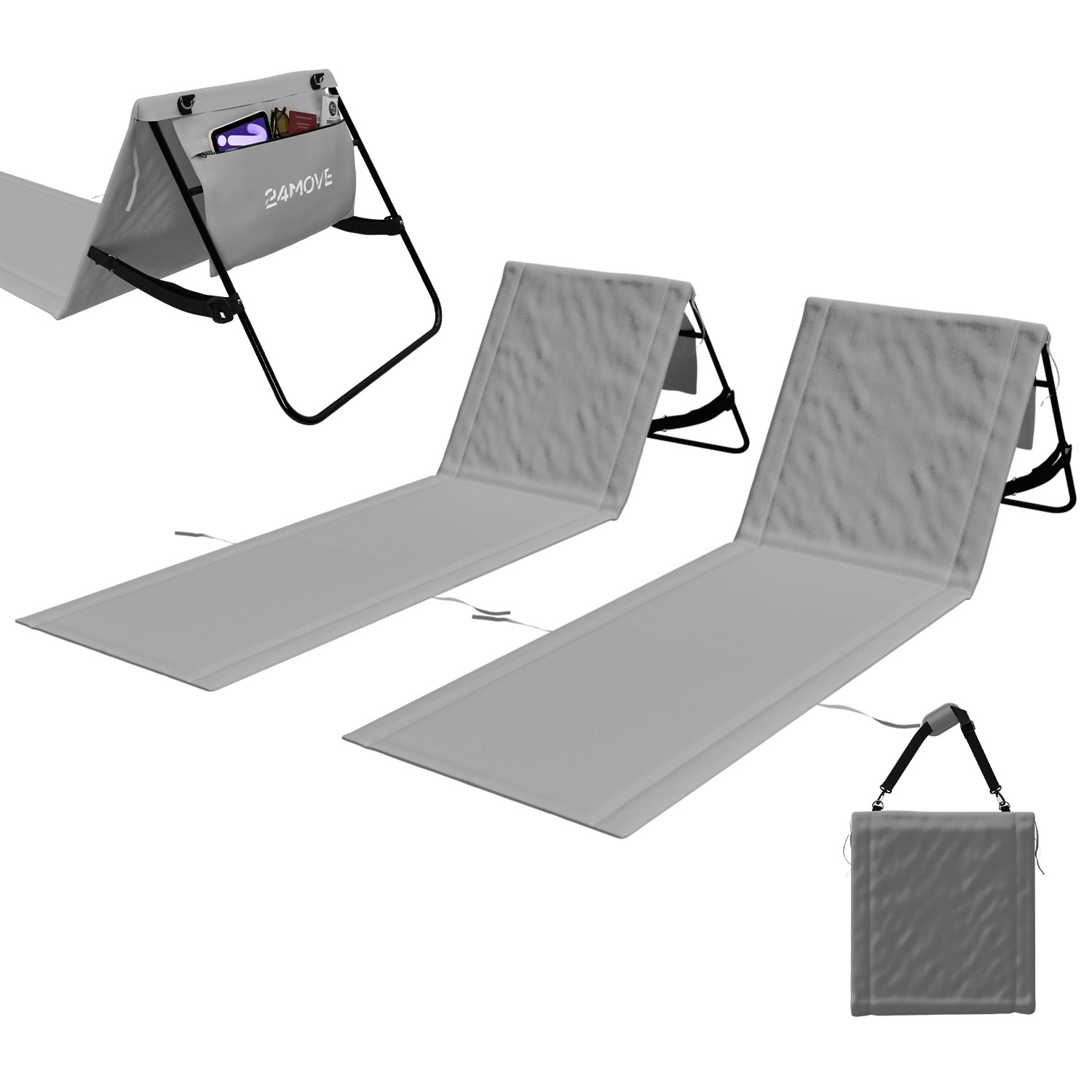 24MOVE Strandmatte 2er Set Klappbar Rückenlehne&Tasche - Gurt - Liegematte Grau